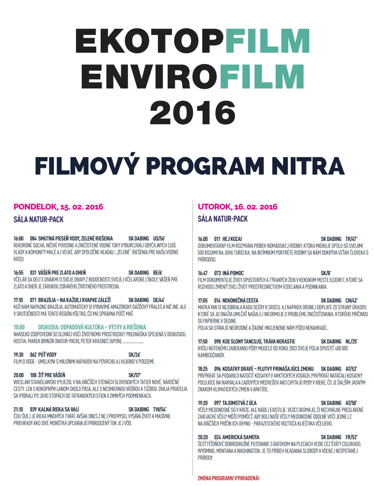 Ekotopfilm Nitra 2016 program