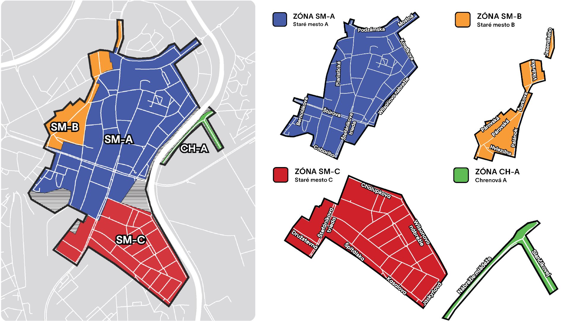 Parkovanie Nitra, mapa zón