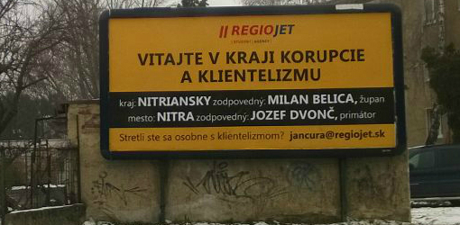Billboardová kampaň spoločnosti RegioJet nezostala dlho bez odozvy, primátor Nitry Jozef Dvonč podá v pondelok 5. januára 2015 trestné oznámenie pre podozrenie zo spáchania trestného činu ohovárania na Okresnú prokuratúru v Nitre